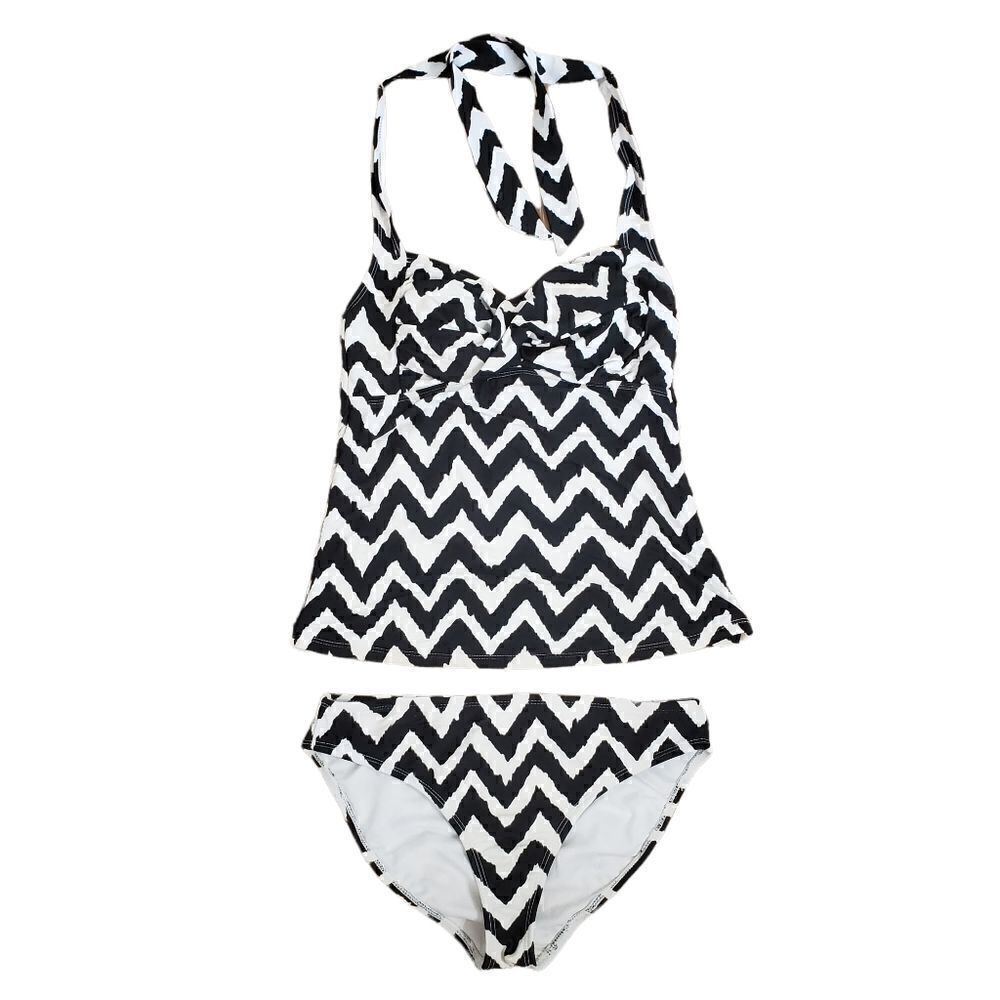 CATALINA White Black Chevron Print Tankini Top & Bikini Set SMALL